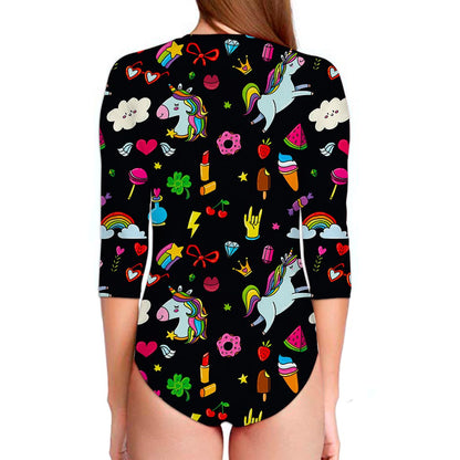 Black Girly Unicorn Pattern Print Long Sleeve Swimsuit