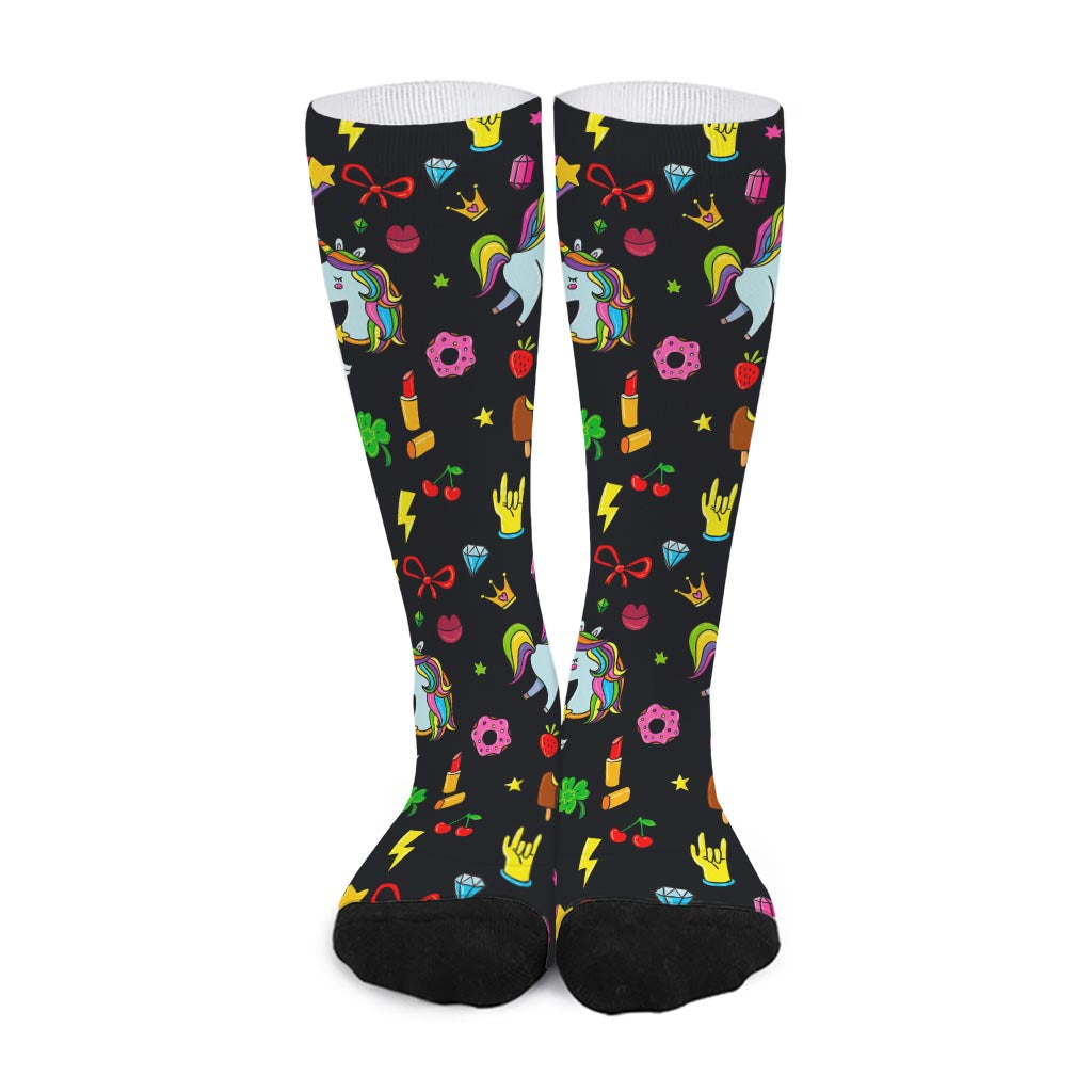 Black Girly Unicorn Pattern Print Long Socks