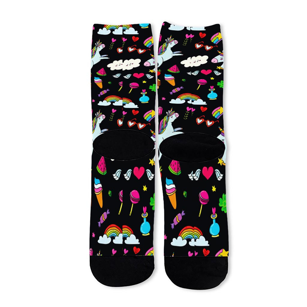 Black Girly Unicorn Pattern Print Long Socks