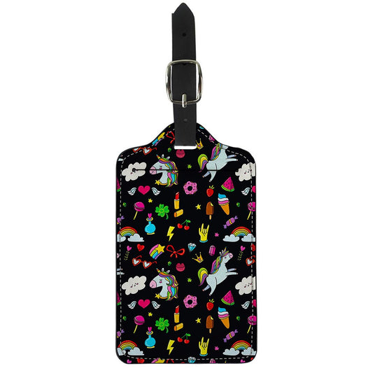 Black Girly Unicorn Pattern Print Luggage Tag