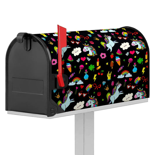 Black Girly Unicorn Pattern Print Mailbox Cover