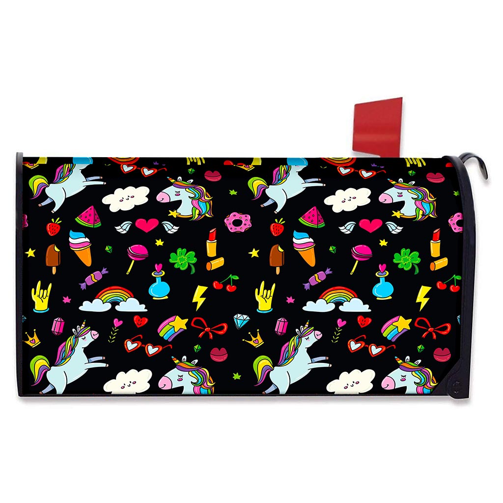 Black Girly Unicorn Pattern Print Mailbox Cover