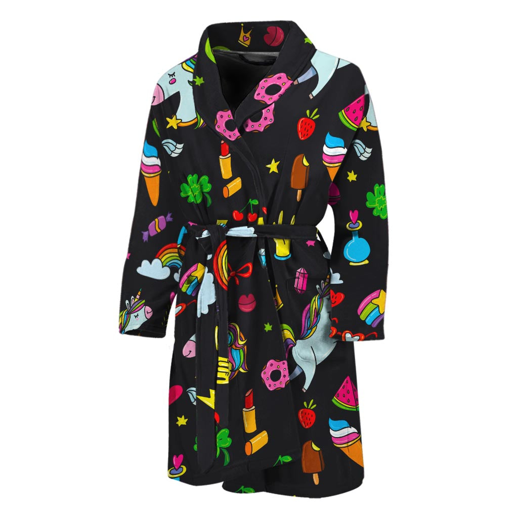 Black Girly Unicorn Pattern Print Men's Bathrobe