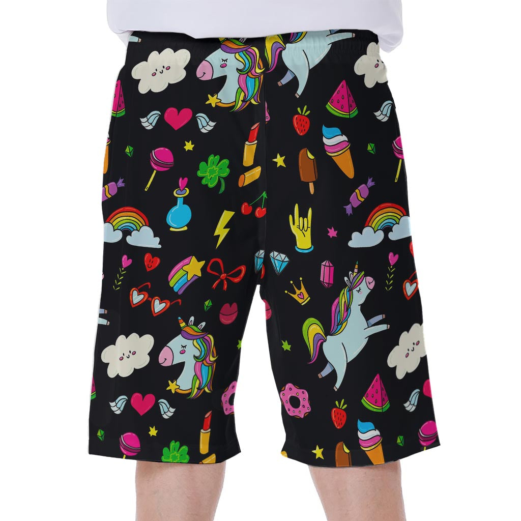 Black Girly Unicorn Pattern Print Men's Beach Shorts
