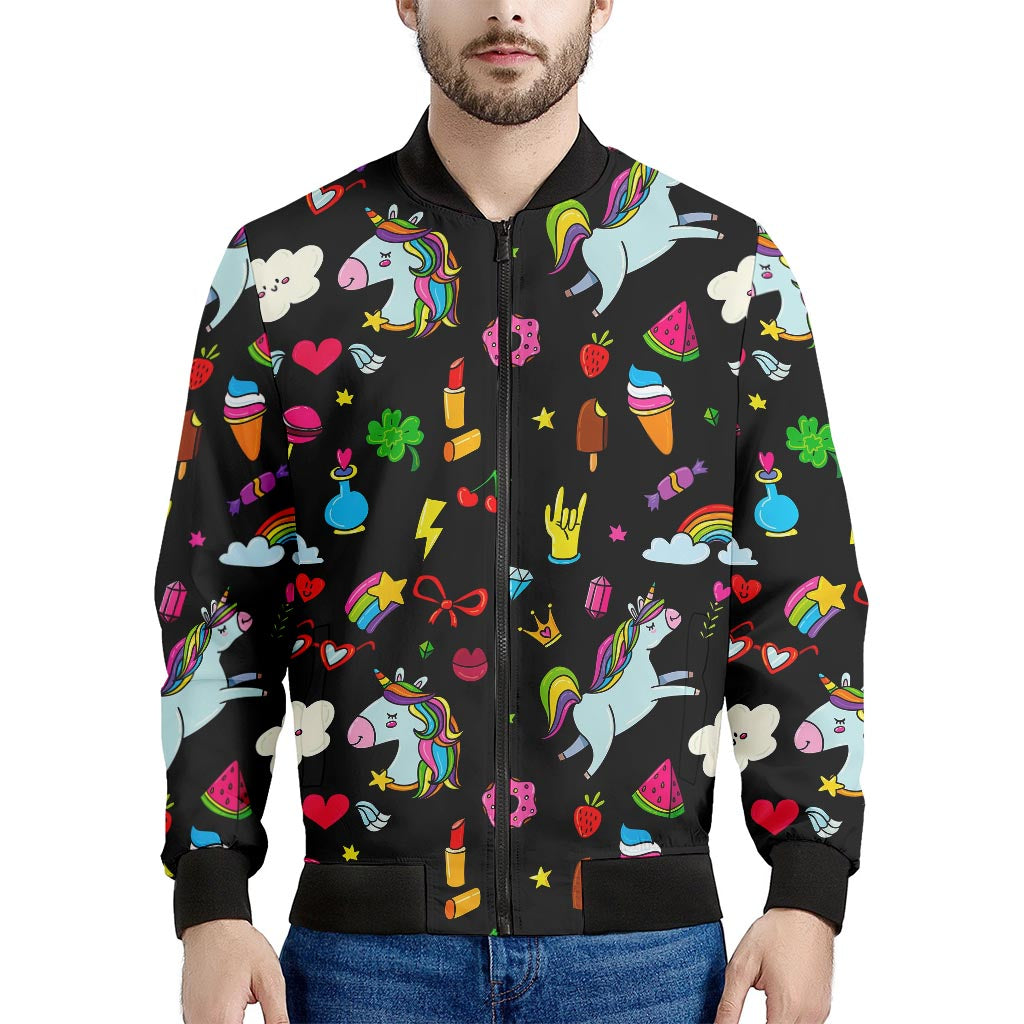 Black Girly Unicorn Pattern Print Men's Bomber Jacket