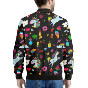 Black Girly Unicorn Pattern Print Men's Bomber Jacket