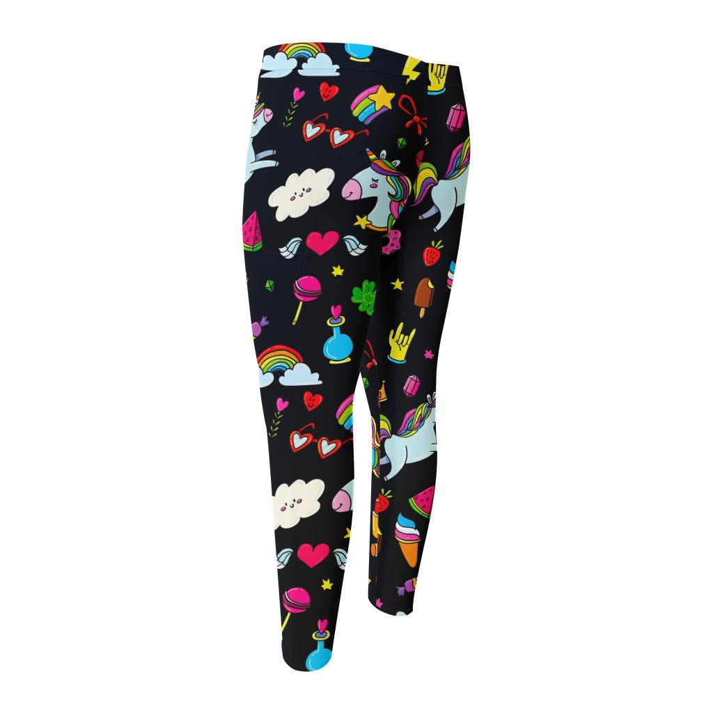 Black Girly Unicorn Pattern Print Men's Compression Pants