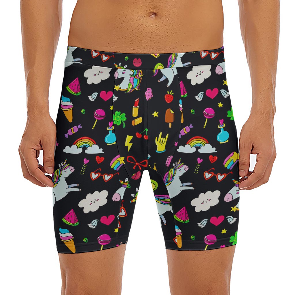Black Girly Unicorn Pattern Print Men's Long Boxer Briefs