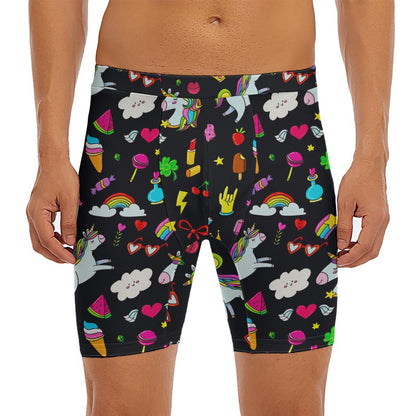 Black Girly Unicorn Pattern Print Men's Long Boxer Briefs