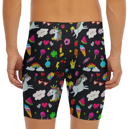Black Girly Unicorn Pattern Print Men's Long Boxer Briefs