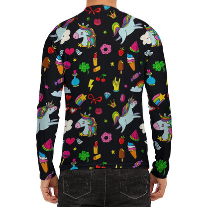 Black Girly Unicorn Pattern Print Men's Long Sleeve Rash Guard