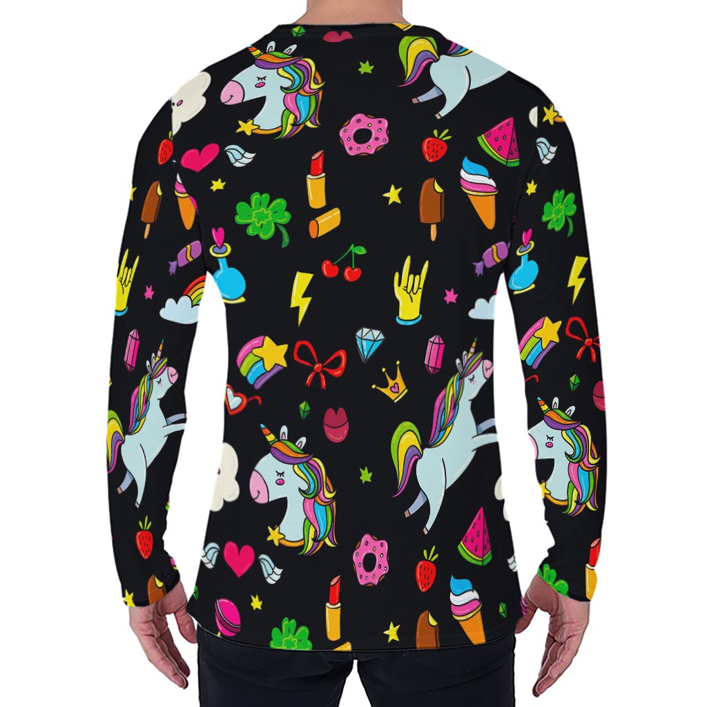 Black Girly Unicorn Pattern Print Men's Long Sleeve T-Shirt