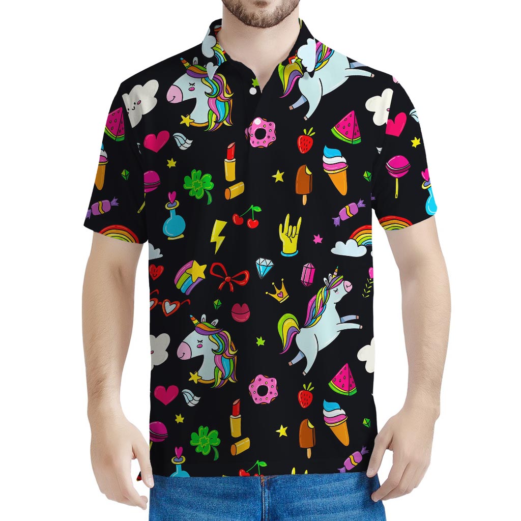 Black Girly Unicorn Pattern Print Men's Polo Shirt