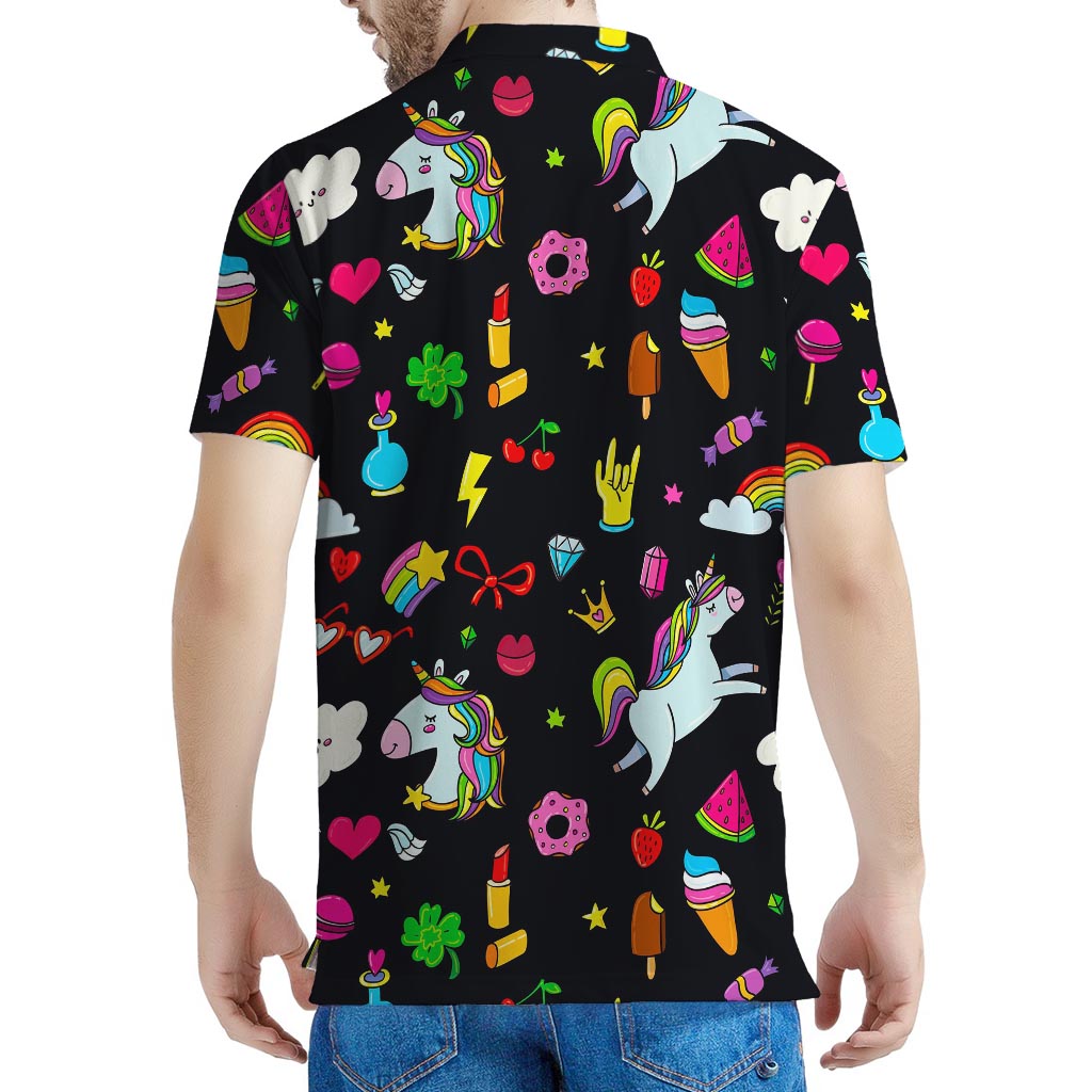Black Girly Unicorn Pattern Print Men's Polo Shirt