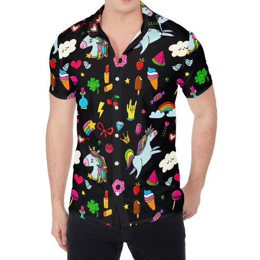 Black Girly Unicorn Pattern Print Men's Shirt