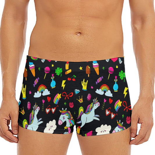 Black Girly Unicorn Pattern Print Men's Short Boxer Briefs