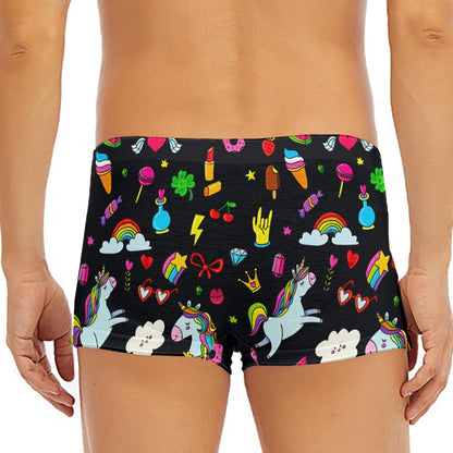 Black Girly Unicorn Pattern Print Men's Short Boxer Briefs
