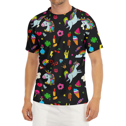 Black Girly Unicorn Pattern Print Men's Short Sleeve Rash Guard