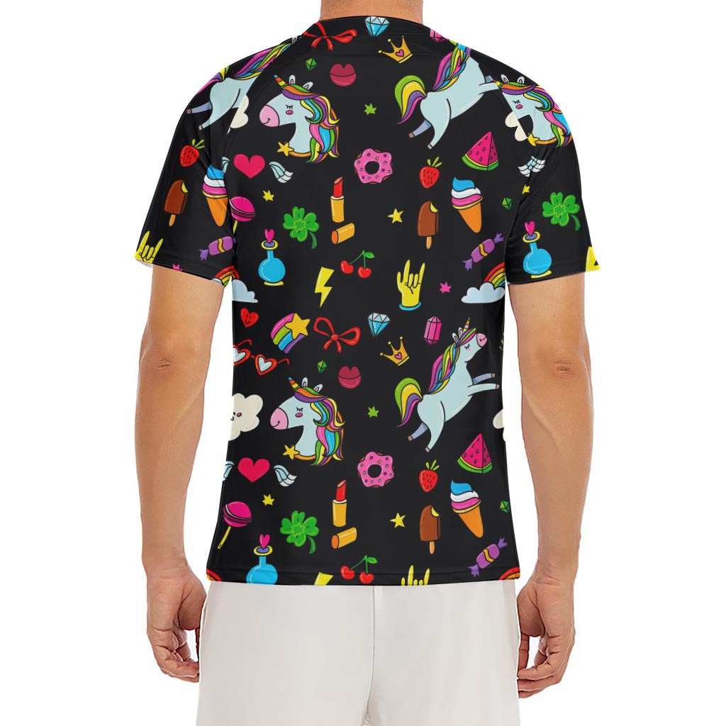 Black Girly Unicorn Pattern Print Men's Short Sleeve Rash Guard