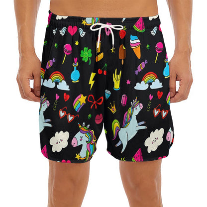 Black Girly Unicorn Pattern Print Men's Split Running Shorts
