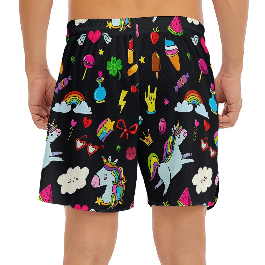 Black Girly Unicorn Pattern Print Men's Split Running Shorts