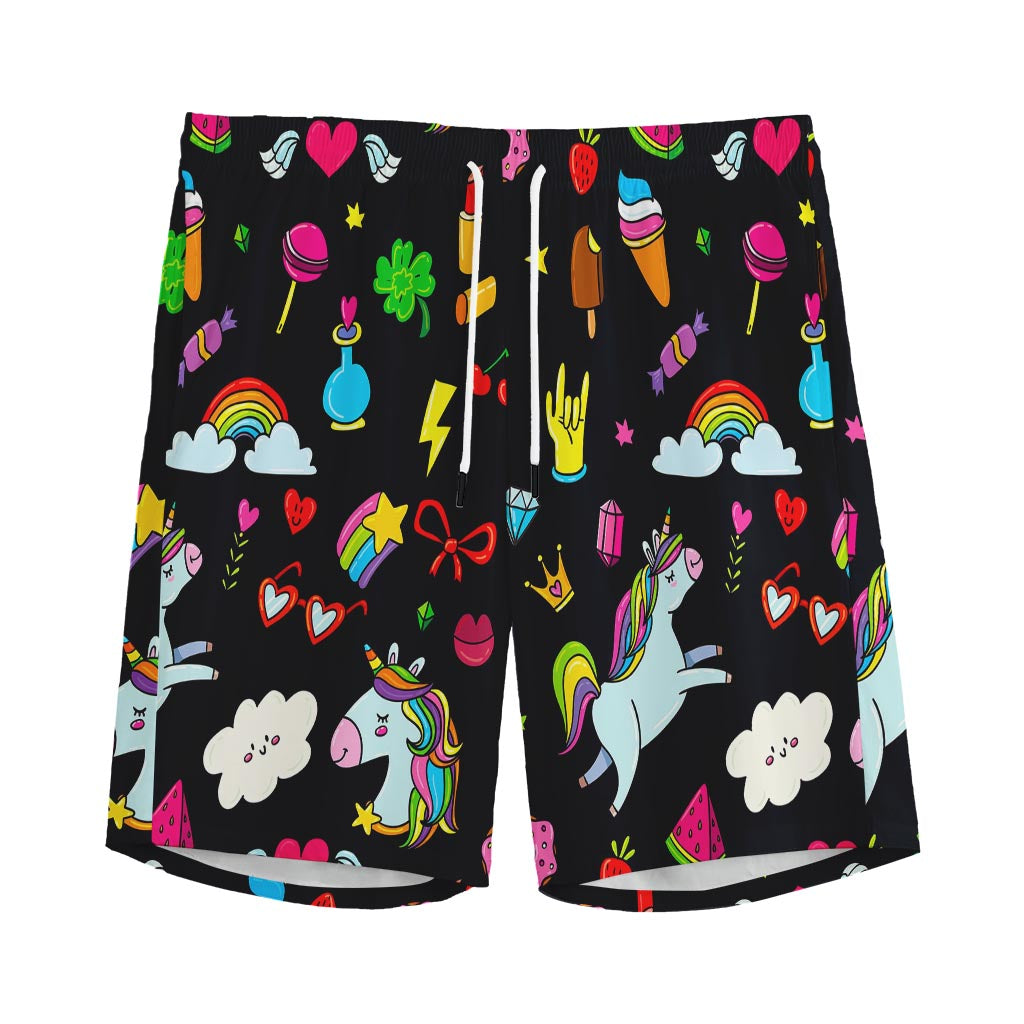 Black Girly Unicorn Pattern Print Men's Sports Shorts