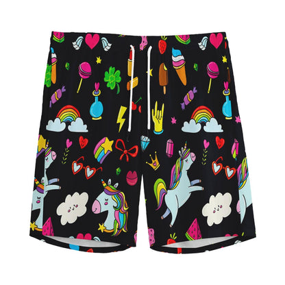 Black Girly Unicorn Pattern Print Men's Sports Shorts