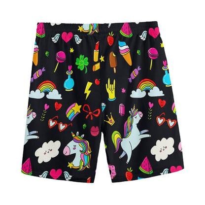 Black Girly Unicorn Pattern Print Men's Sports Shorts