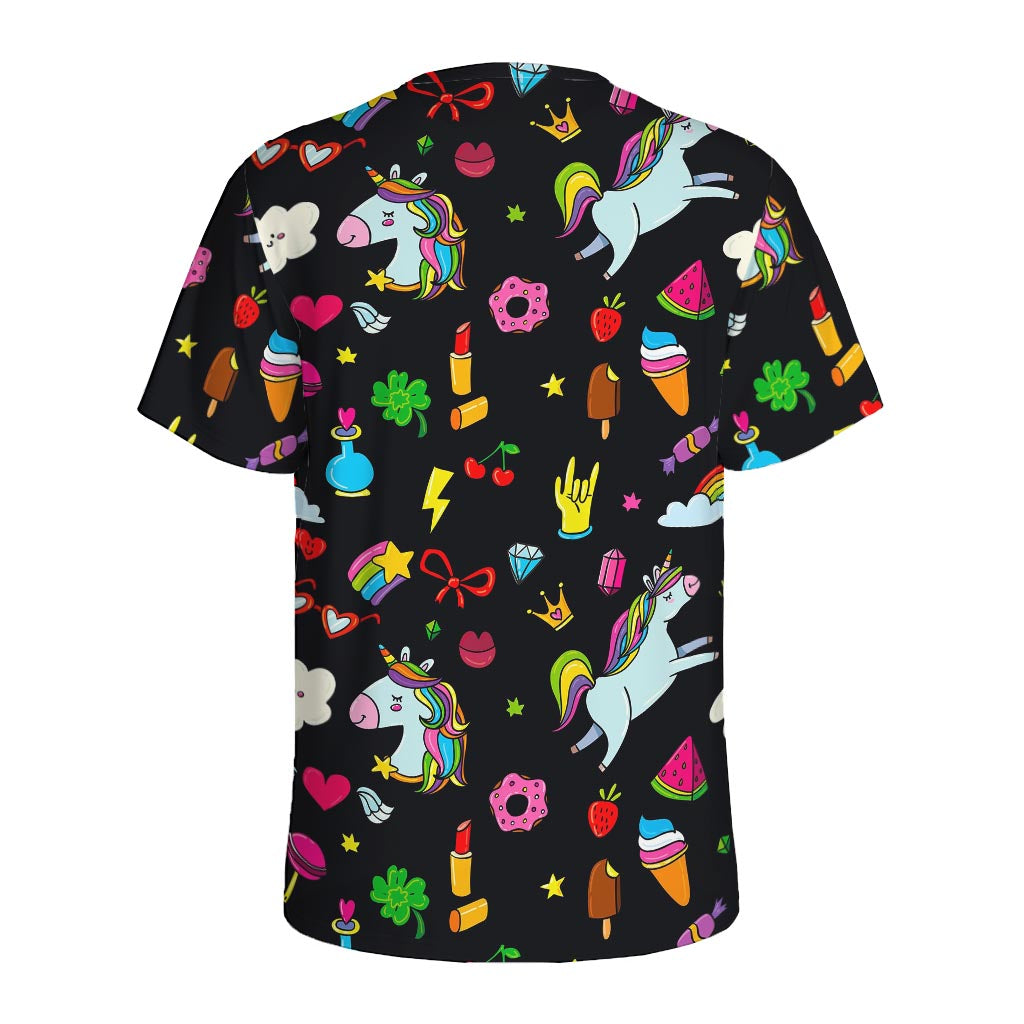Black Girly Unicorn Pattern Print Men's Sports T-Shirt