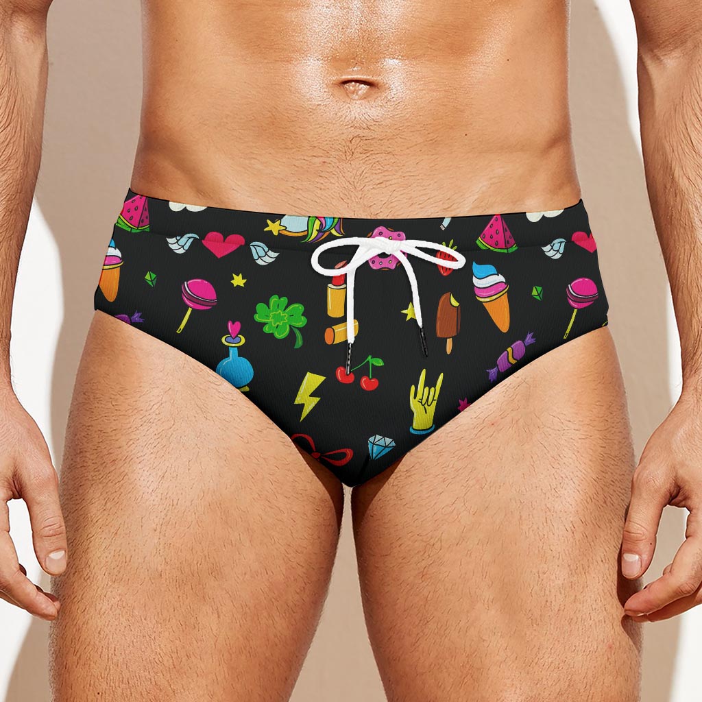 Black Girly Unicorn Pattern Print Men's Swim Briefs