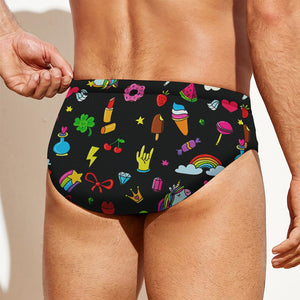 Black Girly Unicorn Pattern Print Men's Swim Briefs