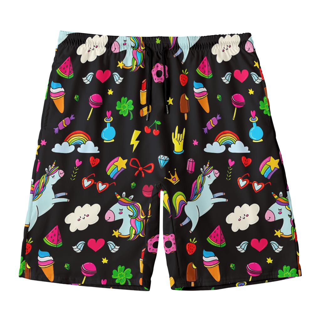 Black Girly Unicorn Pattern Print Men's Swim Trunks