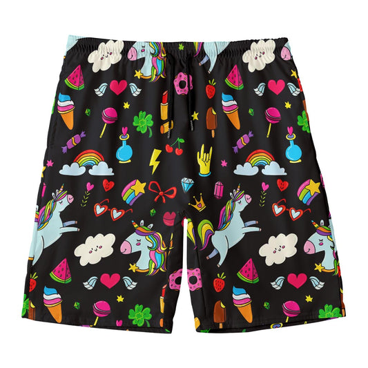 Black Girly Unicorn Pattern Print Men's Swim Trunks