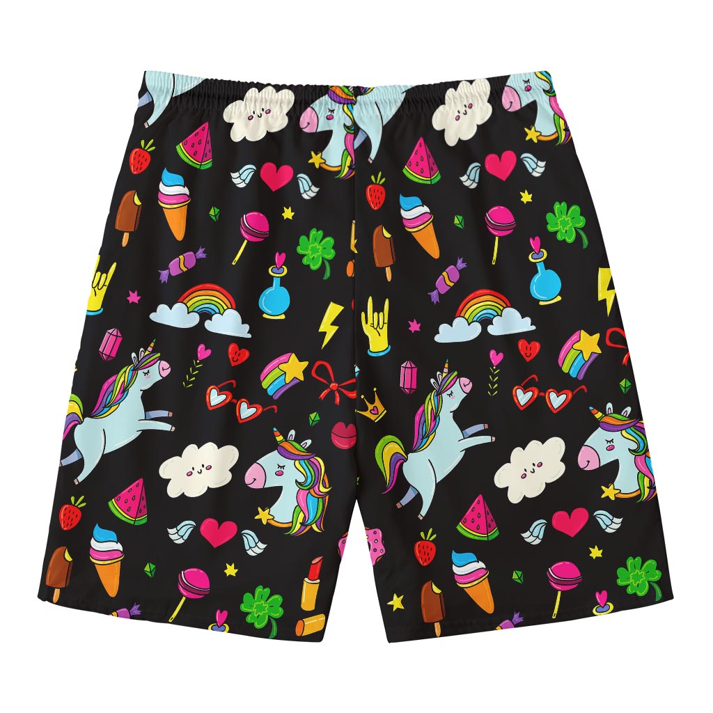 Black Girly Unicorn Pattern Print Men's Swim Trunks