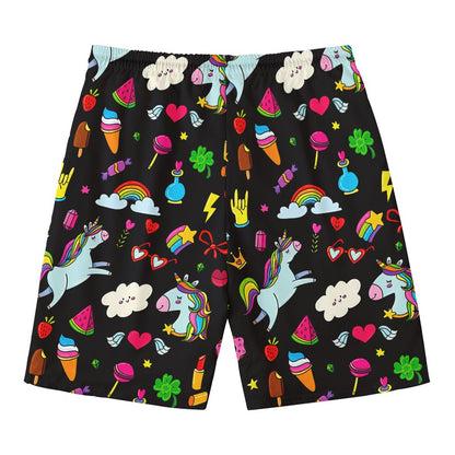 Black Girly Unicorn Pattern Print Men's Swim Trunks