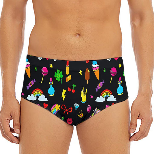 Black Girly Unicorn Pattern Print Men's Triangle Swim Briefs