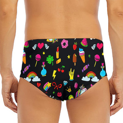 Black Girly Unicorn Pattern Print Men's Triangle Swim Briefs