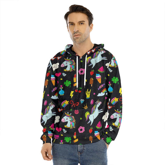 Black Girly Unicorn Pattern Print Men's Velvet Pullover Hoodie