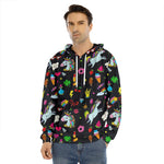 Black Girly Unicorn Pattern Print Men's Velvet Pullover Hoodie