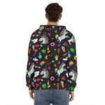 Black Girly Unicorn Pattern Print Men's Velvet Pullover Hoodie