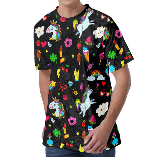 Black Girly Unicorn Pattern Print Men's Velvet T-Shirt