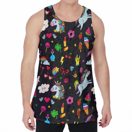 Black Girly Unicorn Pattern Print Men's Velvet Tank Top