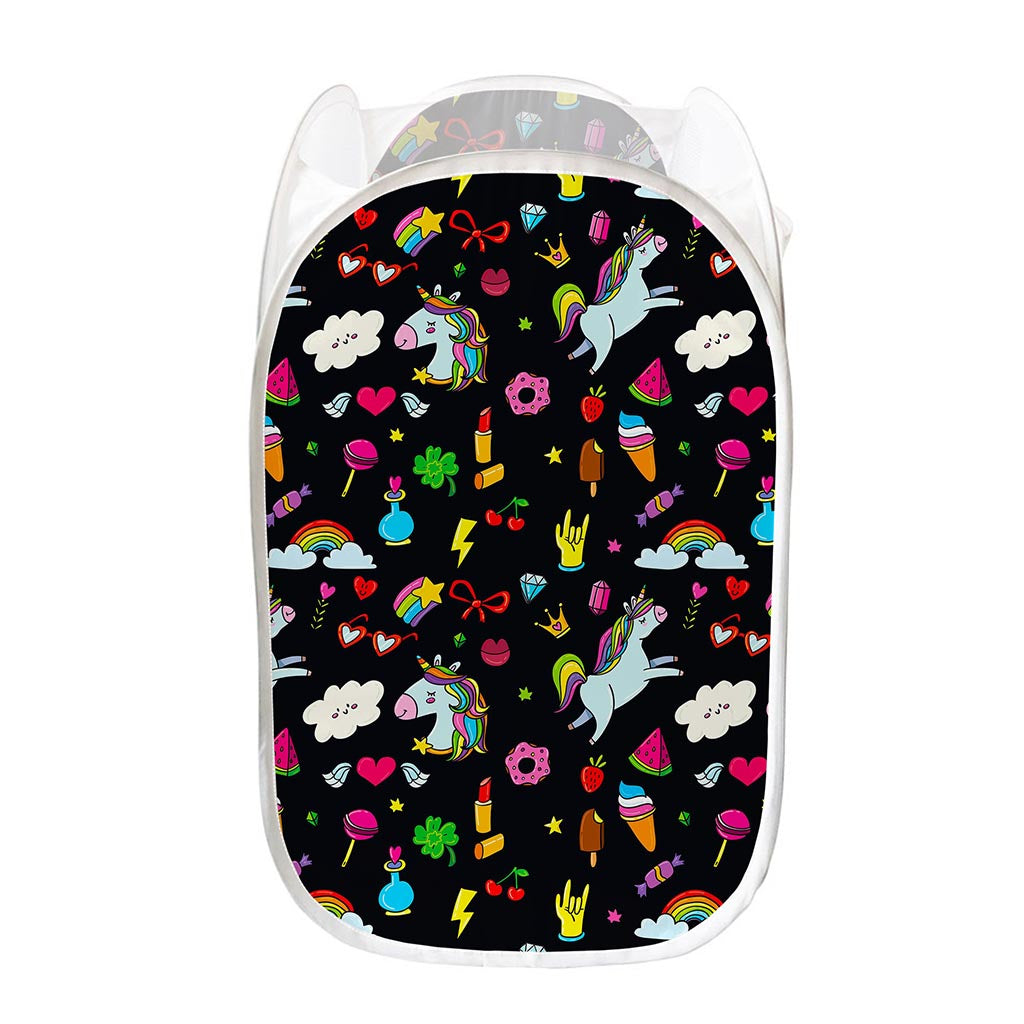 Black Girly Unicorn Pattern Print Mesh Laundry Hamper