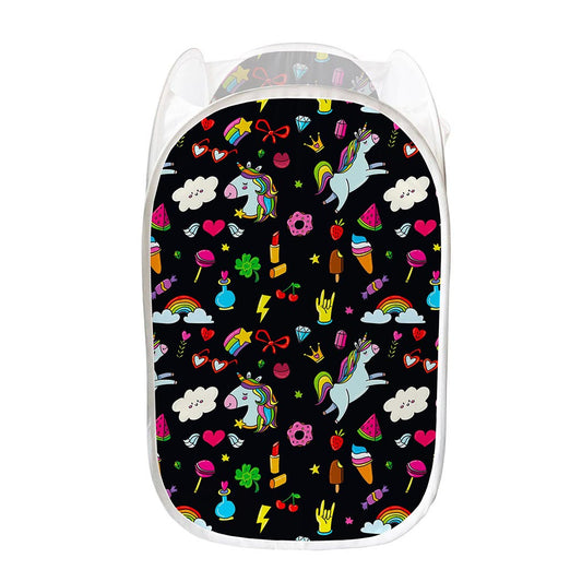 Black Girly Unicorn Pattern Print Mesh Laundry Hamper