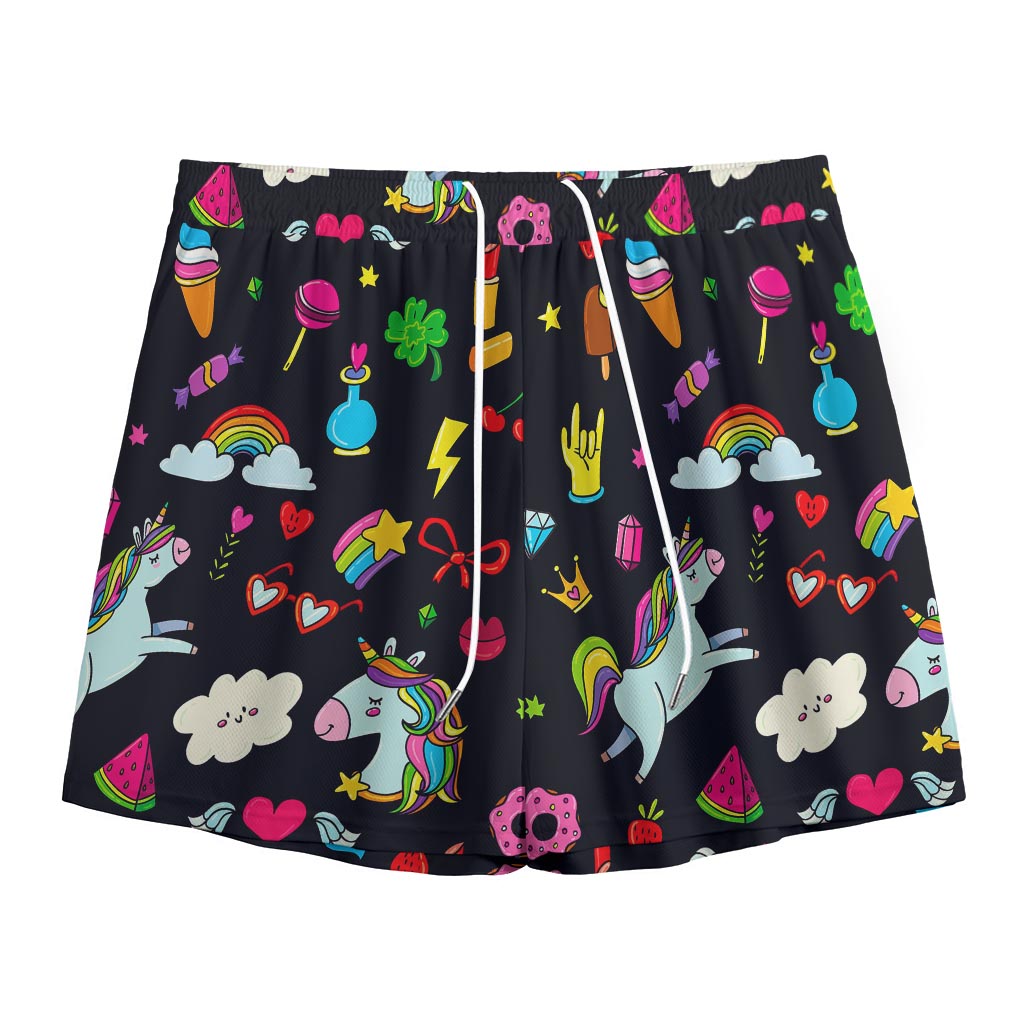 Black Girly Unicorn Pattern Print Mesh Shorts