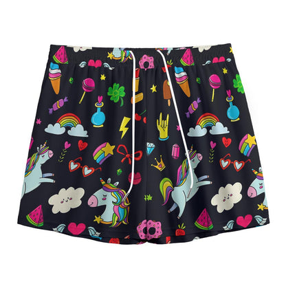 Black Girly Unicorn Pattern Print Mesh Shorts