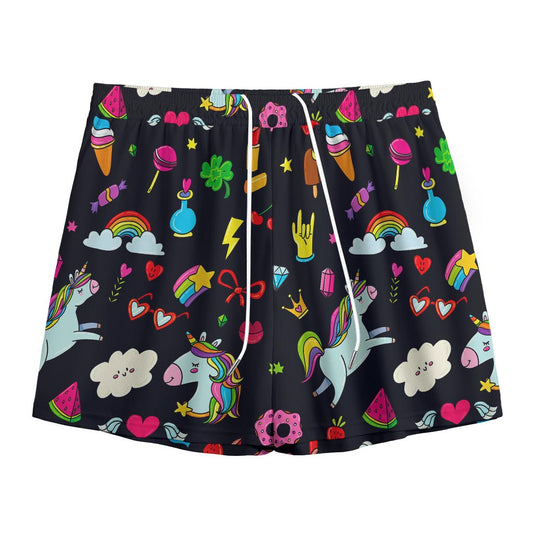 Black Girly Unicorn Pattern Print Mesh Shorts