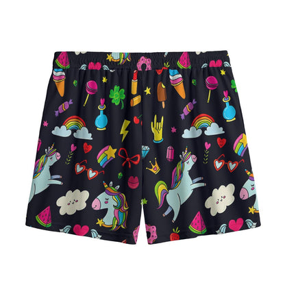 Black Girly Unicorn Pattern Print Mesh Shorts