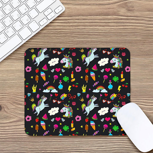 Black Girly Unicorn Pattern Print Mouse Pad