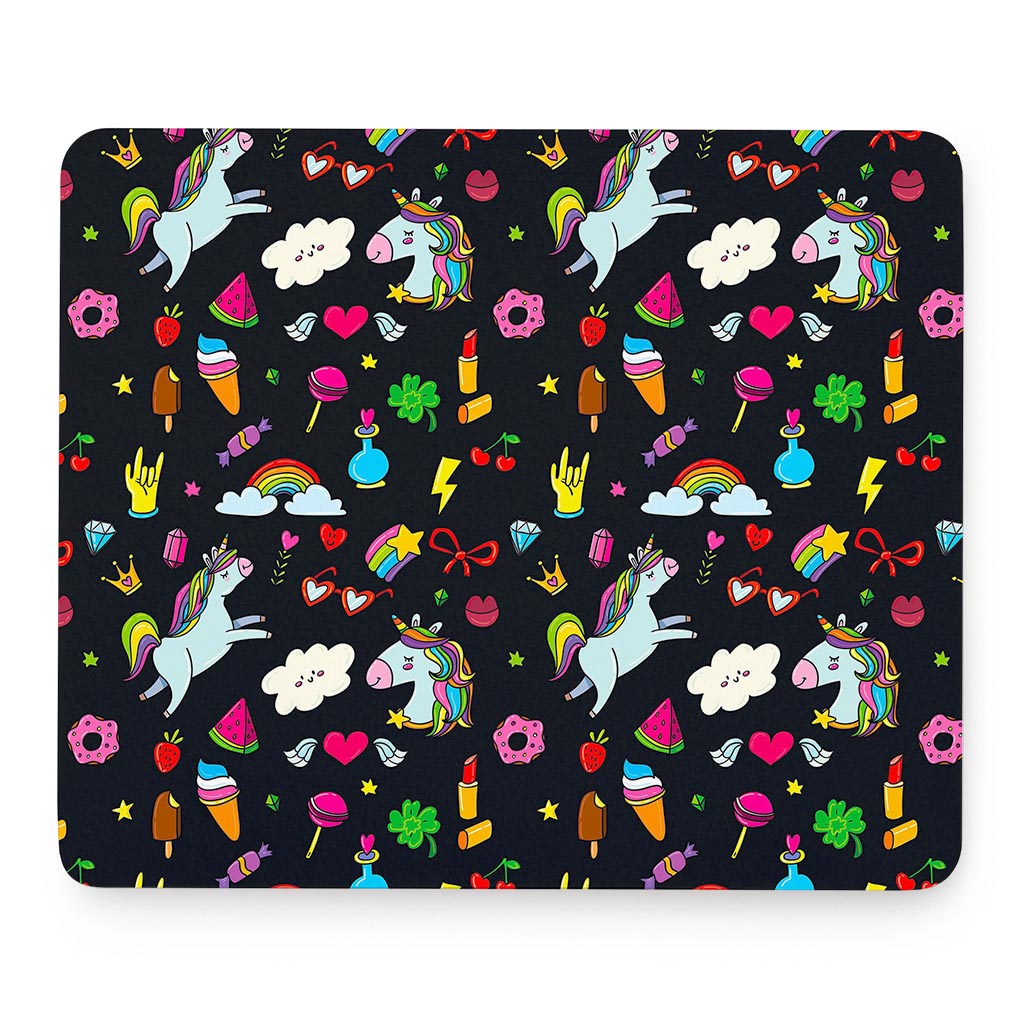 Black Girly Unicorn Pattern Print Mouse Pad